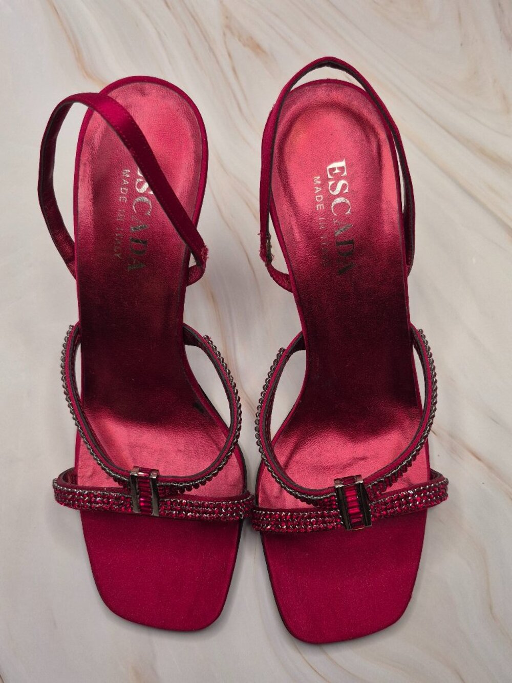 Vintage Escada Fuchsia Satin Rhinestone Slingback Heels Made in Italy US 6.5